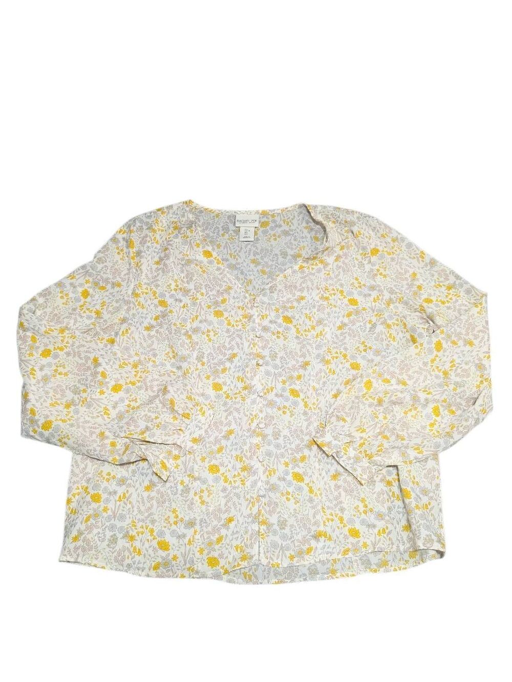 Rachel Zoe long-sleeve blouse button-up yellow and gray floral pattern with a V-